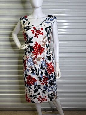 Maggy London Floral Tea Rose Sheath Sleeveless V Neck Knee Length Dress Womens 8